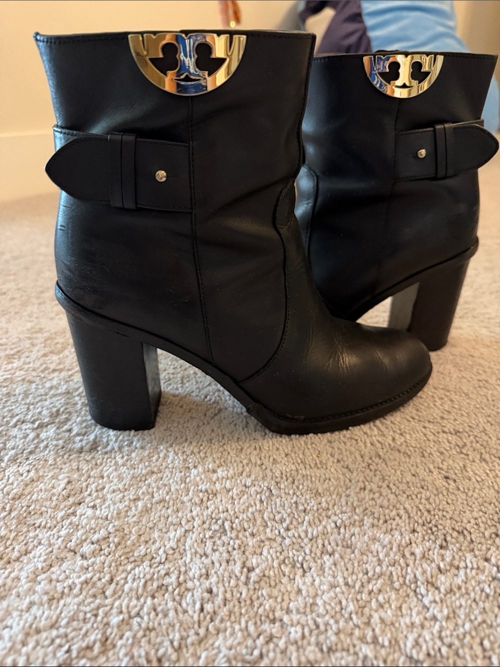 Tory Burch Black Leather Mid-Calf Block Heel Boots with Gold Logo